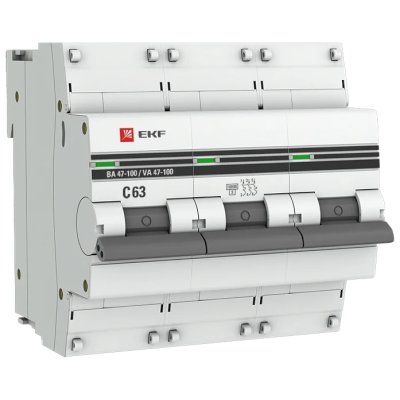 автоматический выключатель EKF ВА 47-100 3P (C) 10kA 63 А mcb47100-3-63C-pro