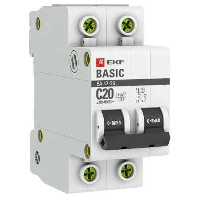 автоматический выключатель EKF ВА 47-29 2P (C) 4.5kA 20 А mcb4729-2-20C