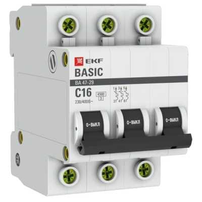 автоматический выключатель EKF ВА 47-29 3P (C) 4.5kA 16 А mcb4729-3-16C