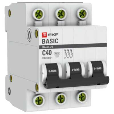 автоматический выключатель EKF ВА 47-29 3P (C) 4.5kA 40 А mcb4729-3-40C