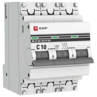 автоматический выключатель EKF ВА 47-63 3P (C) 4.5kA 10 А mcb4763-3-10C-pro