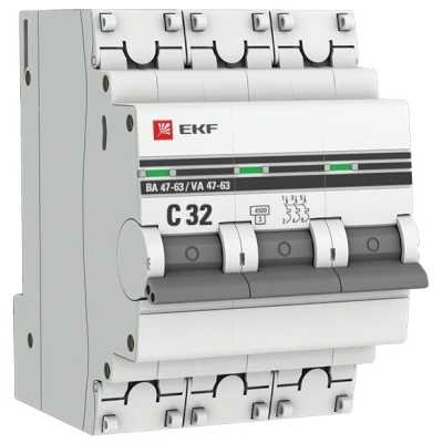 автоматический выключатель EKF ВА 47-63 3P (C) 4.5kA 32 А mcb4763-3-32C-pro