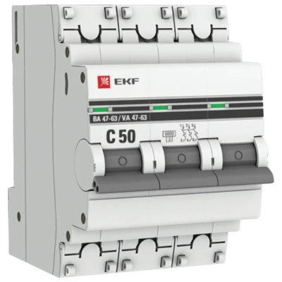 автоматический выключатель EKF ВА 47-63 3P (C) 6kA 50 А mcb4763-6-3-50C-pro