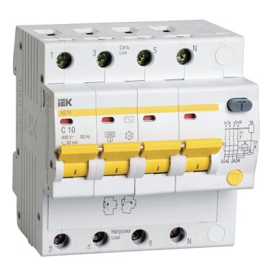 дифференциальный автоматический выключатель IEK АД14 4Р 10А 30мА MAD10-4-010-C-030