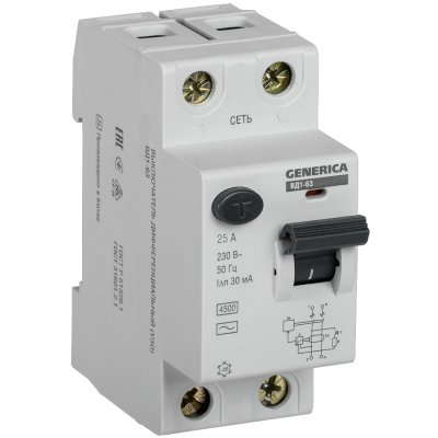 выключатель дифференциальный IEK ВД1-63 2Р 25А 30мА Generica MDV15-2-025-030