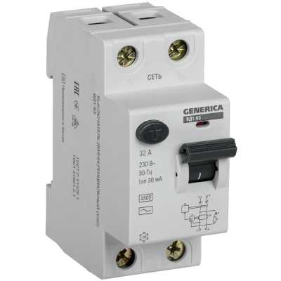 выключатель дифференциальный (УЗО) IEK ВД1-63 2Р 32А 30мА Generica MDV15-2-032-030