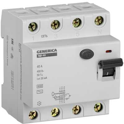 выключатель дифференциальный (УЗО) IEK ВД1-63 4Р 40А 30мА Generica MDV15-4-040-030